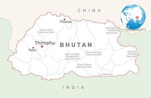 Bután mapa con capital Timbu, más importante ciudades y nacional fronteras vector