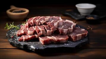 AI generated Raw pork meat on a cutting board on a dark wooden background. photo