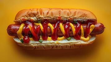 AI generated One Hot dog with mustard and ketchup closeup on minimalistic background. Created with Generative AI photo