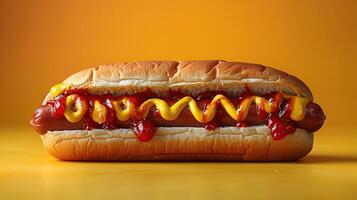 AI generated One Hot dog with mustard and ketchup closeup on minimalistic background. Created with Generative AI photo