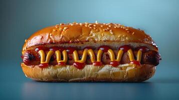 AI generated One Hot dog with mustard and ketchup closeup on minimalistic background. Created with Generative AI photo