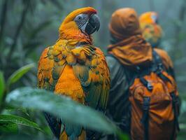 AI generated A hiker in the rainforest on a misty morning, with exotic birds in the foreground photo