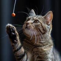 AI generated An active, playful cat is engrossed with its feather toy, showing pure engagement. photo