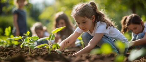 AI generated Schoolchildren learn climate action by planting trees, outdoor education, in a vibrant school garden on a sunny day. photo