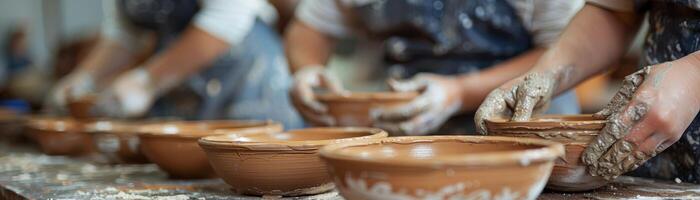 AI generated In a ceramics class, a group of students are shaping bowls with a focus on hands and clay photo