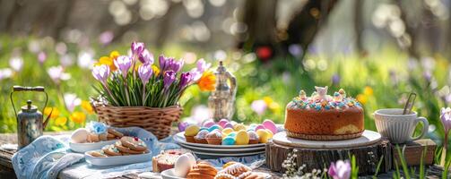 ai generado Pascua de Resurrección picnic encanto - debajo floreciente azafrán con Cordero pastel, galletas, cesta de huevos foto