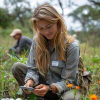 ai generado conservacionistas etiquetado fauna silvestre en un nacional parque, ayudando en el estudiar y proteccion de especies a garantizar biodiversidad foto