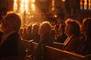 ai generado silencio oración momento dentro iglesia, coro y asistentes juntos foto