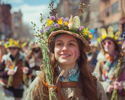 ai generado tradicion en movimiento - Pascua de Resurrección desfile con gorros, sauce sucursales, enfatizando comunidad foto