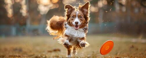 ai generado el saltando perro encuentra alegría en persiguiendo un disco volador, radiante puro felicidad y energético acción. foto