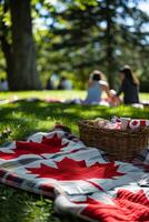 AI generated A sunny, relaxing Victoria Day picnic in the park with families, friends, picnic baskets, and Canadian flag themed blankets. photo