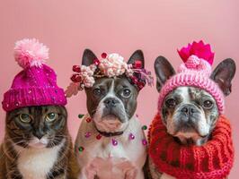 AI generated Dogs and cats adorned in festive gear on National Pet Day, radiate cuteness and joy. photo