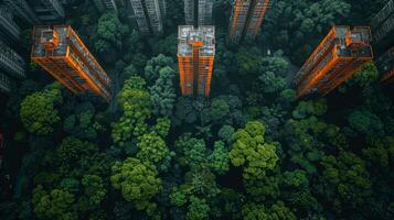 ai generado claro, estructurado ciudad planificación desde encima vs opaco, denso selva pabellón, contrastando humano vs natural organización foto