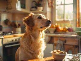 ai generado un perro pacientemente murga para comida en medio de el disciplina y formación en un bullicioso cocina escena. foto