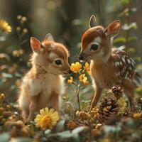 AI generated Young Animals in Nature with Blooming Flowers, Symbol of Renewal photo