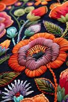 AI generated Crafting a vibrant floral design on canvas with intricate embroidery and close up threads photo