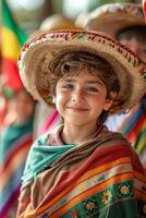 ai generado un escena de niños vistiendo sombreros y hecho a mano sarapes, participativo en un colegio cinco Delaware mayonesa desfile, con orgullo ondulación mexicano banderas foto