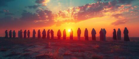 AI generated Dusk Silhouettes Praying, Outdoor Good Friday Vigil photo