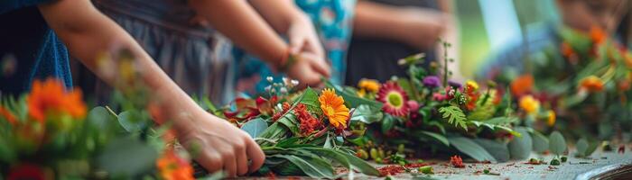 AI generated Outdoor floral wreath making workshop at a Victoria Day festival with crafts, children, adults, and creativity. photo