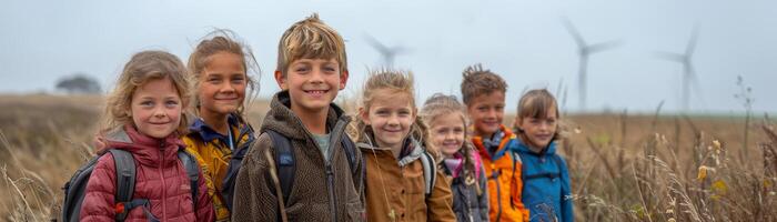 ai generado Niños de escuela visitando un viento granja agarrar renovable energía vital papel en luchando clima cambiar. foto