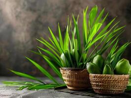 AI generated Serene Palm Sunday Scene with Willow Branches, Palm Leaves Symbolizing Peace, Start of Holy Week photo