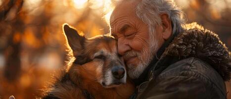 ai generado el propietario y su mascota, en un cariñoso momento, encarnar puro, incondicional amor. foto