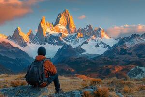 AI generated Backpacker gazes at majestic mountains as dawn light breaks over the horizon photo