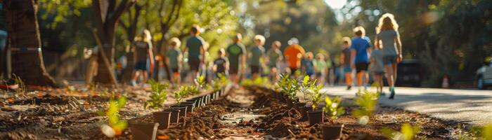 ai generado un vibrante urbano eco evento, árbol plantando día lleno con familias, voluntarios, y verde Campaña energía. foto