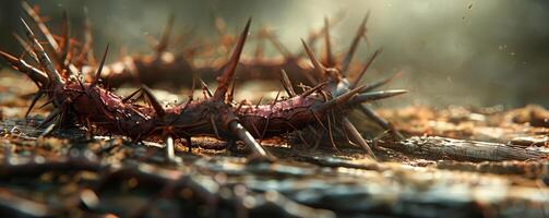 AI generated Detailed View of Thorns and Nails, Symbolism on Rustic Timber photo