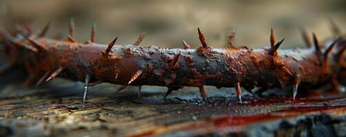 AI generated Symbolic Thorns and Nails on Wood Close Up, Rustic Setting photo