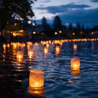 AI generated Victoria Day's tranquil lantern release over water signifies community unity and peace on this special night. photo