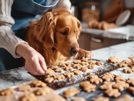 ai generado un mascota amante es en el cocina, elaboración hecho en casa, sano trata para su mascota con afecto. foto