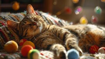 AI generated A cat basking in sunlight amidst toys, the essence of pure bliss. photo
