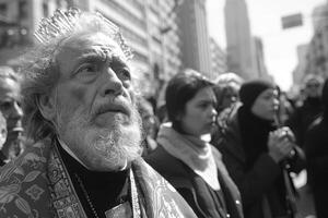 ai generado fiel procesión en bueno viernes, Llevando íconos y vocalizante himnos foto