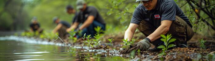 ai generado voluntarios son restaurar un humedal por plantando nativos y quitando invasores. foto