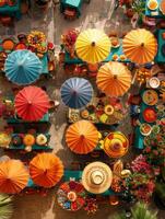 AI generated Tables adorned with Mexican fiesta decorations, traditional food, and a salsa dance floor seen from above. photo