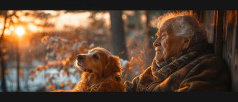 ai generado mayor persona y mascota, tranquilo compañerismo puente generaciones foto