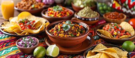 AI generated A table set for Taco Tuesday, featuring an array of Mexican street food, nachos, lime, burritos, with a centerpiece of folk art and a serape tablecloth. photo