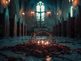 AI generated Dimly Lit Altar for Good Friday, Featuring Crown of Thorns and Nails photo