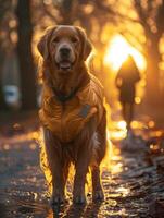 AI generated Dog in reflective vest prioritizes safety during evening walk. photo