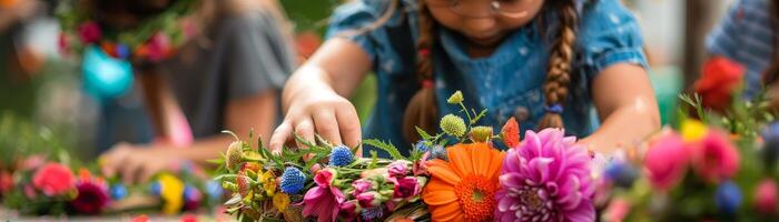 AI generated Floral wreath making workshop at a Victoria Day festival, crafts, children and adults participating, outdoor, creative photo