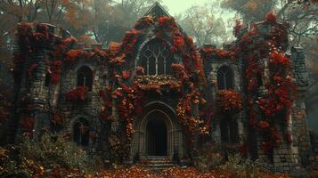 AI generated Off-the-beaten path, exploring a deserted castle, ivy-covered walls photo