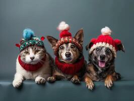 ai generado perros y gatos vistiendo festivo accesorios para nacional mascota día, linda y alegre foto