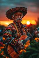 AI generated Mariachi musicians in festive outfits play lively music as the sun sets at a vibrant Cinco de Mayo event. photo