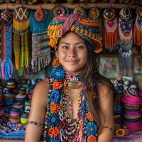 AI generated Indigenous crafts market, handmade jewelry, vibrant textiles photo