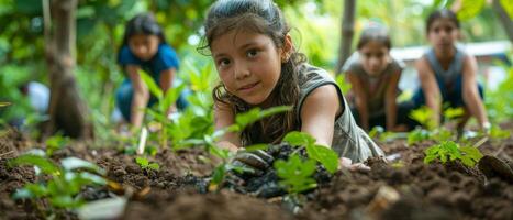 ai generado eco simpático actividad a un colegio jardín estudiantes aprendizaje acerca de compostaje y árbol cuidado en un educativo y verde ambiente. foto