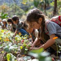 AI generated Children are participating in environmental education through an outdoor classroom setting in a botanical garden, engaging in an interactive tree identification activity. photo