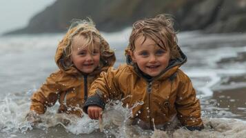 AI generated Beach day bliss with siblings playing in sand and surf, joyful photo