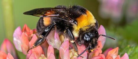 abeja polinizando vistoso floración, ecosistema renacimiento cerca arriba foto