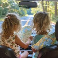 AI generated Sibling road trip excitement with map and snacks ready photo
